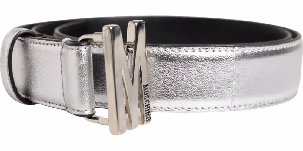 Moschino Couture Silver Leather Logo Metal Buckle Waist Belt