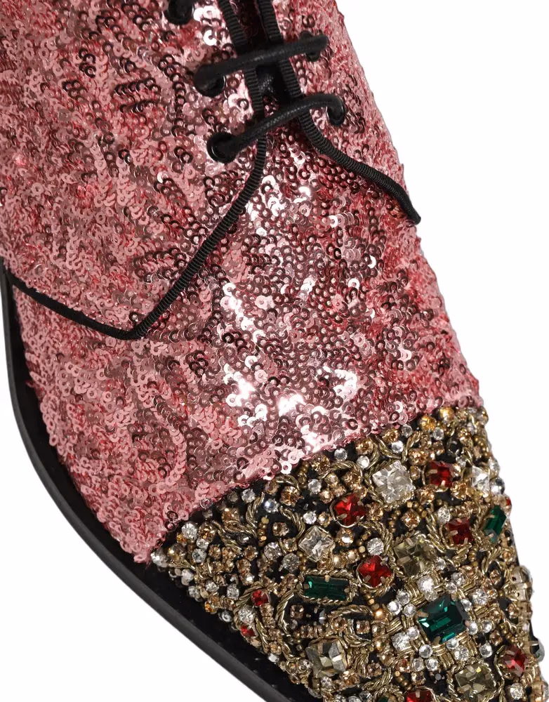 Dolce & Gabbana Pink Sequin Embellished Men Derby Dress Shoes