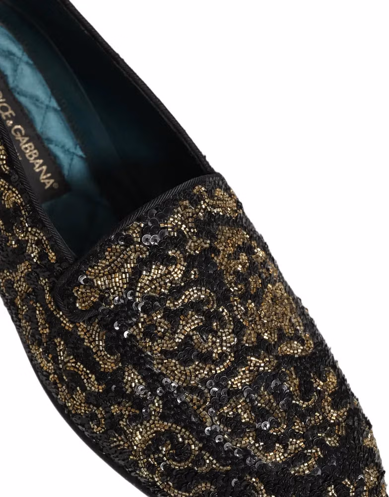 Dolce & Gabbana Black Gold Embellished Dress Loafers Shoes