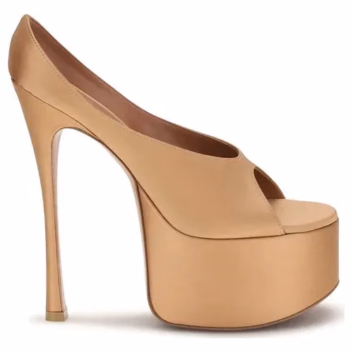 Amina Muaddi Beige Silk Platform Pumps