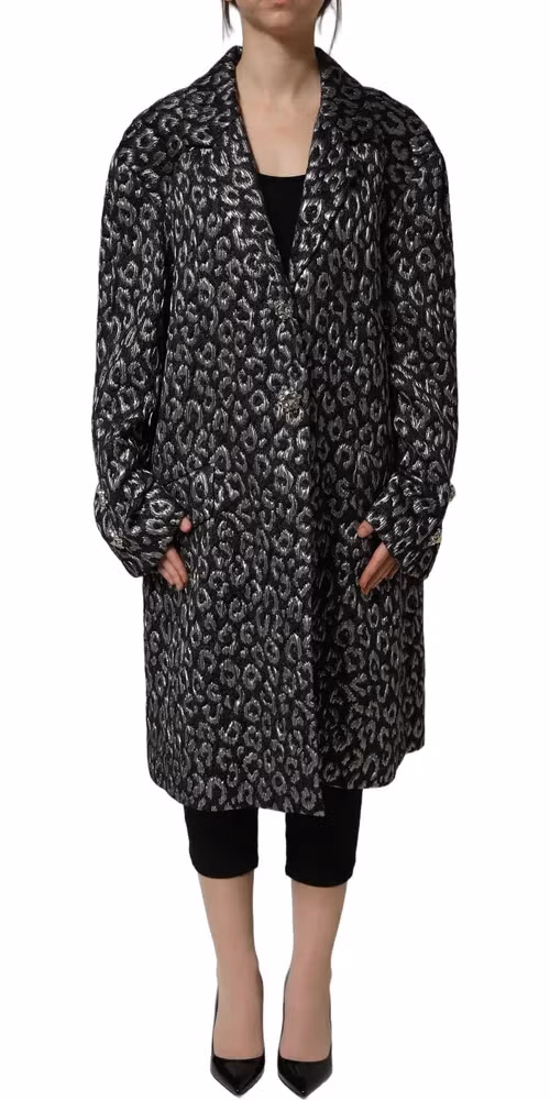 Dolce & Gabbana Black Silver Jacquard Leopard Coat Jacket
