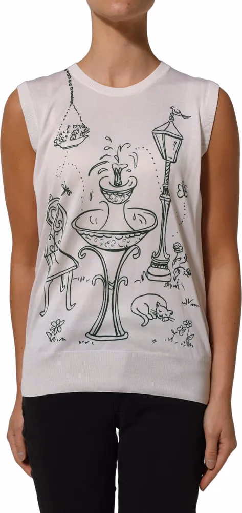 Dolce & Gabbana White Silk Knit Garden Fountain Print Tank Top