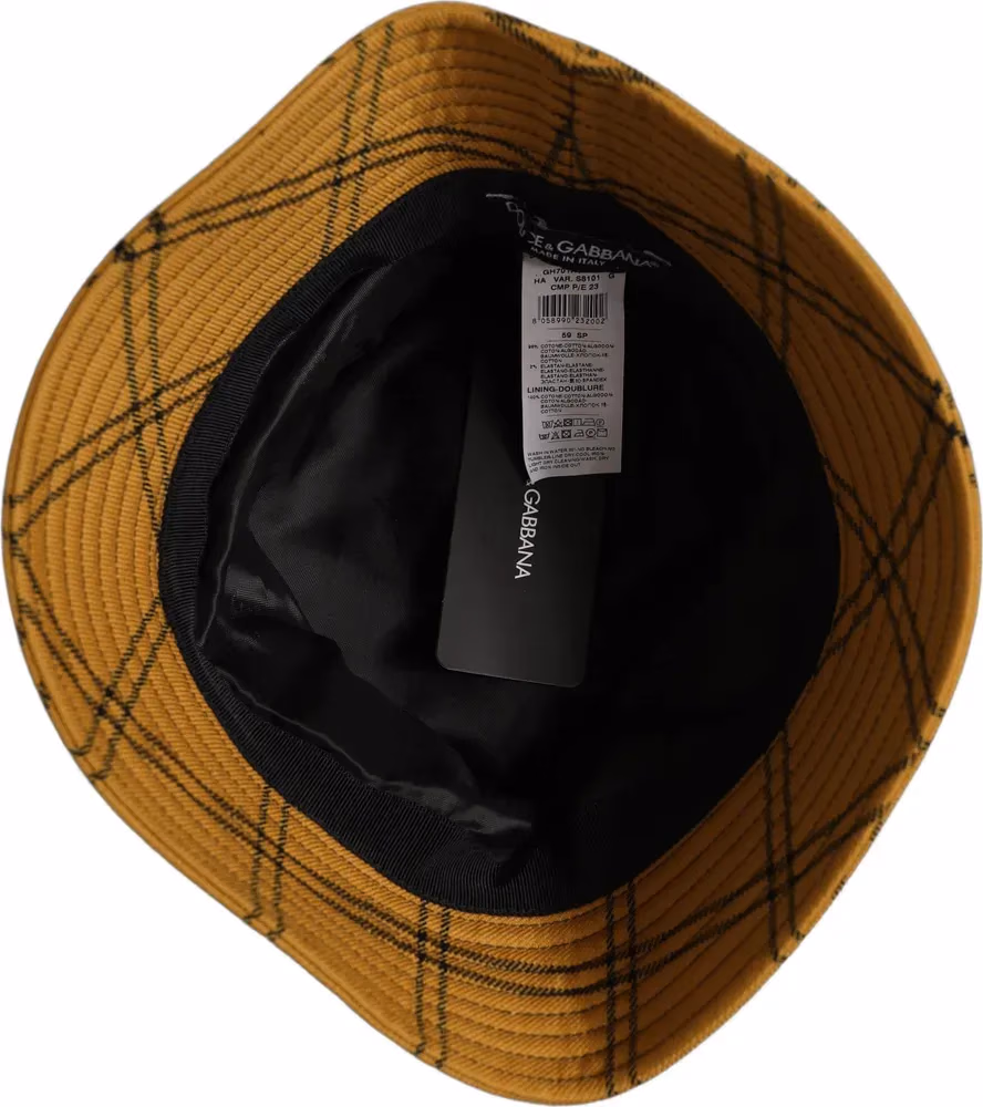 Dolce & Gabbana Men Dark Yellow Check Wide Brim Bucket Cap Hat