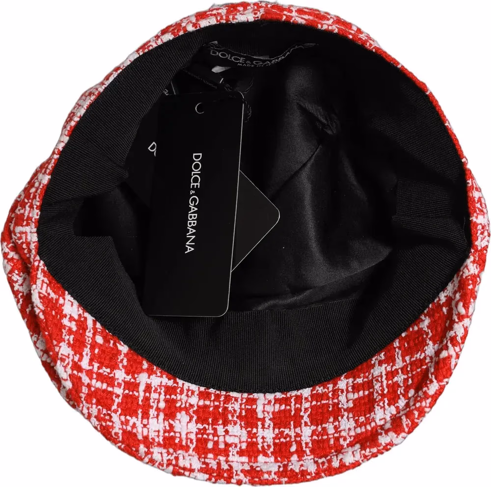 Dolce & Gabbana Red White Tweed Textured Baker Boy Capello Hat