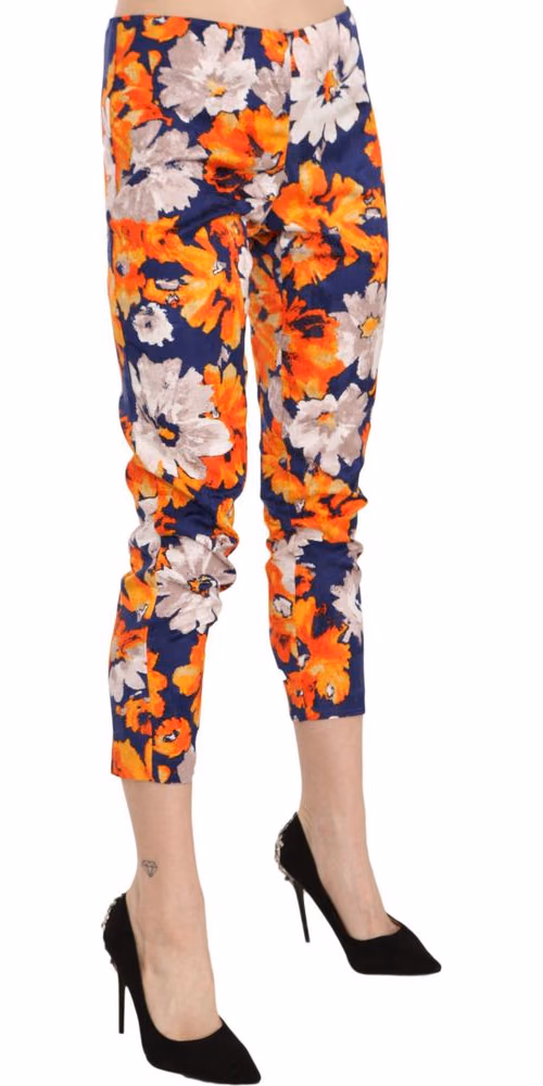 LANACAPRINA Blue Floral Print Skinny Slim Fit Trousers Pants
