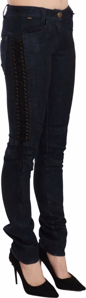 Just Cavalli Blue Low Waist Skinny Trousers Braided String Pants