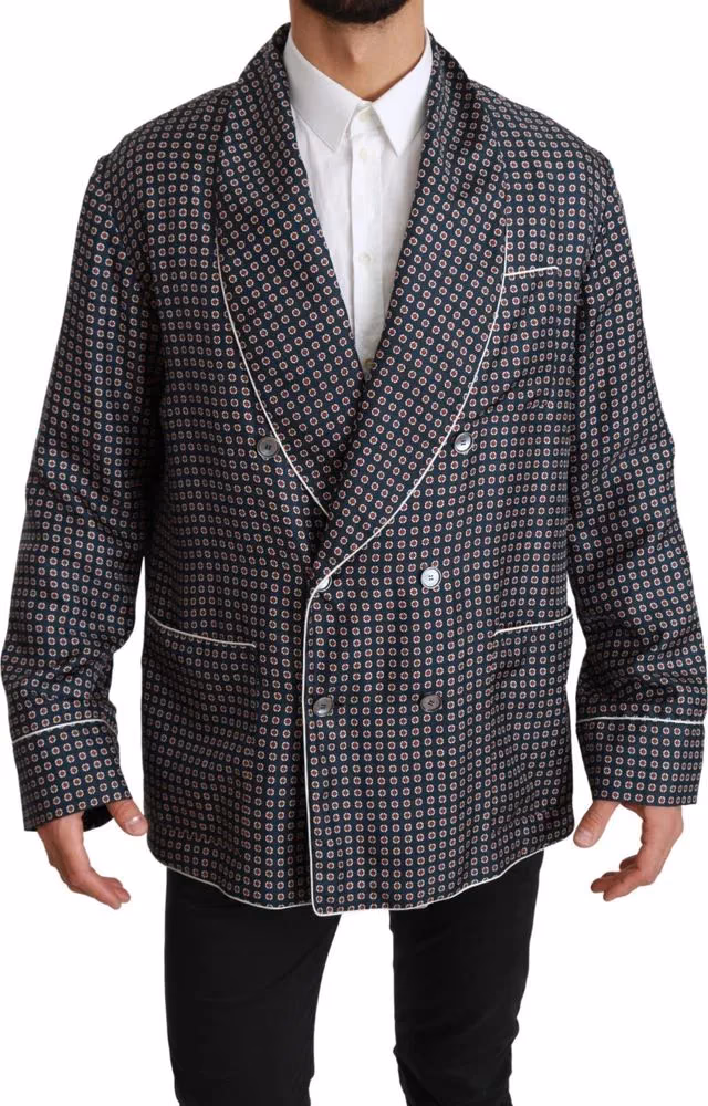Dolce & Gabbana Navy Blue Patterned Double Breasted Coat Jacket