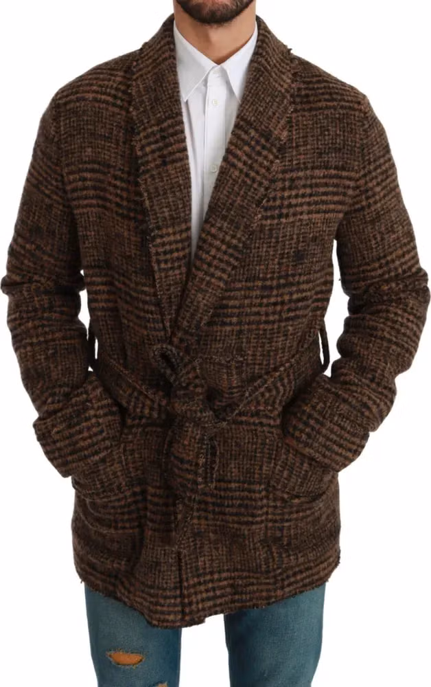 Dolce & Gabbana Brown Checkered Wool Robe Coat  Wrap Jacket
