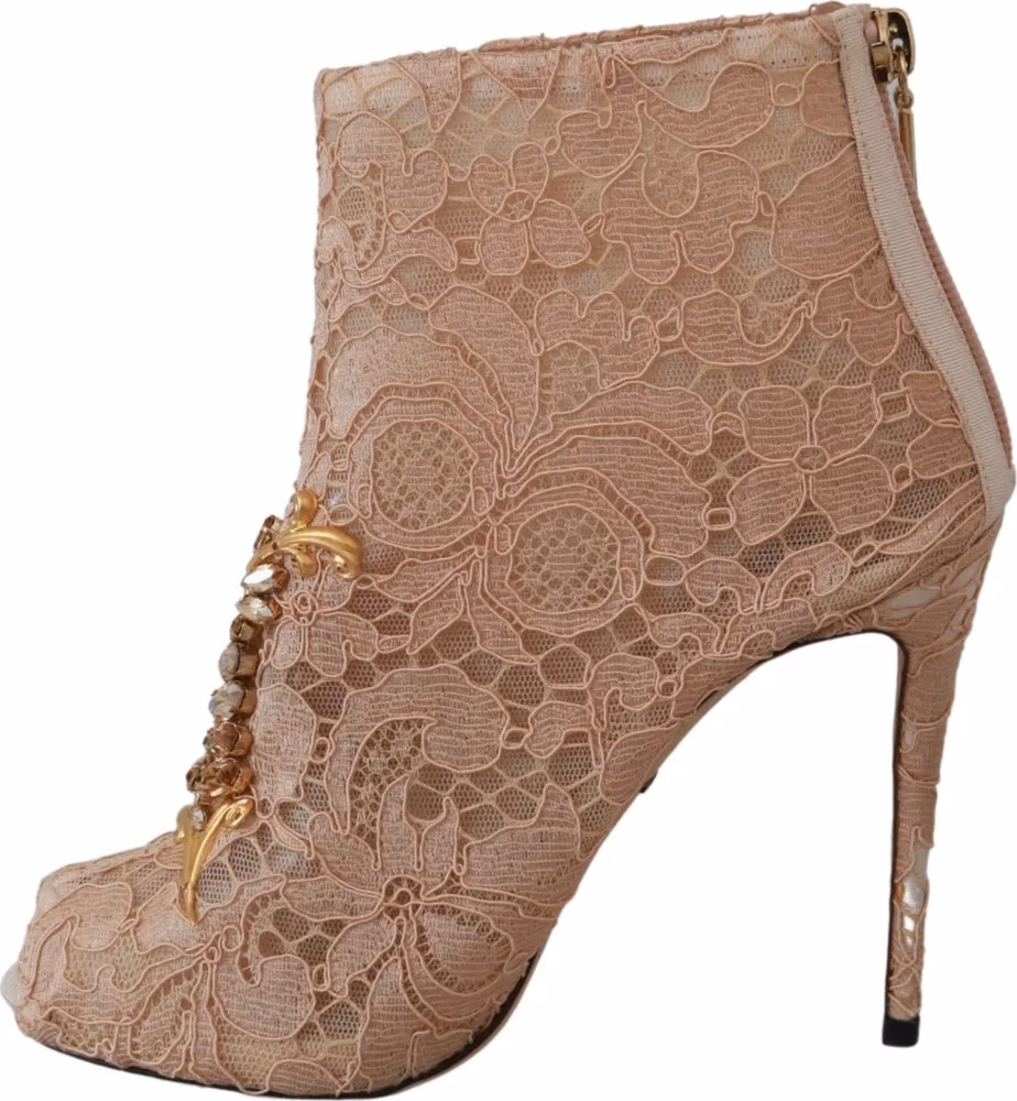 Dolce & Gabbana Pink Crystal Lace Booties Stilettos Shoes
