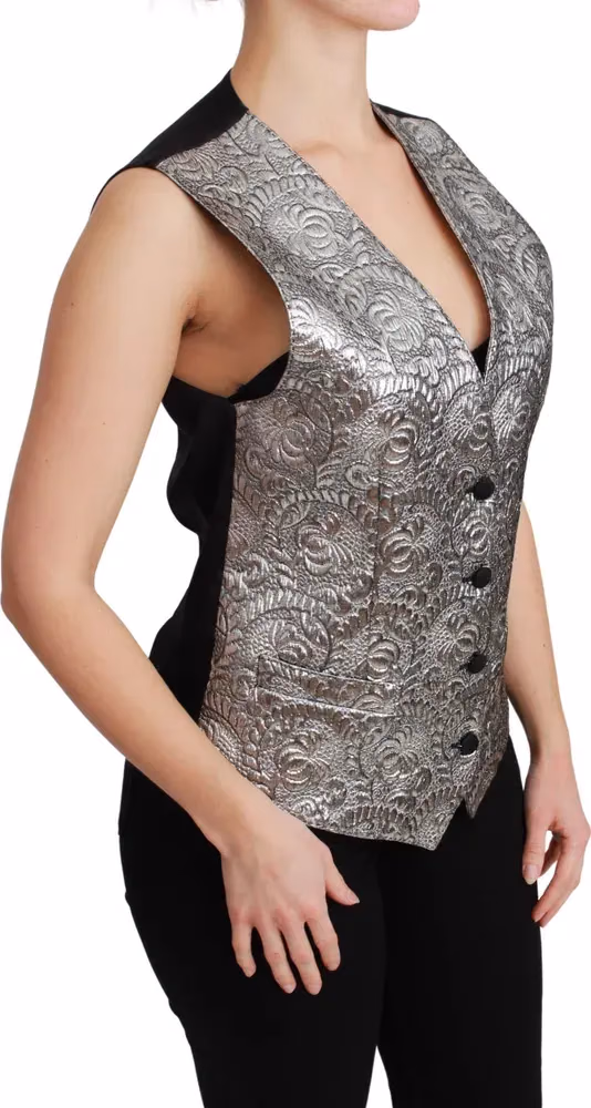 Dolce & Gabbana Silver Brocade Sleeveless Metallic Top