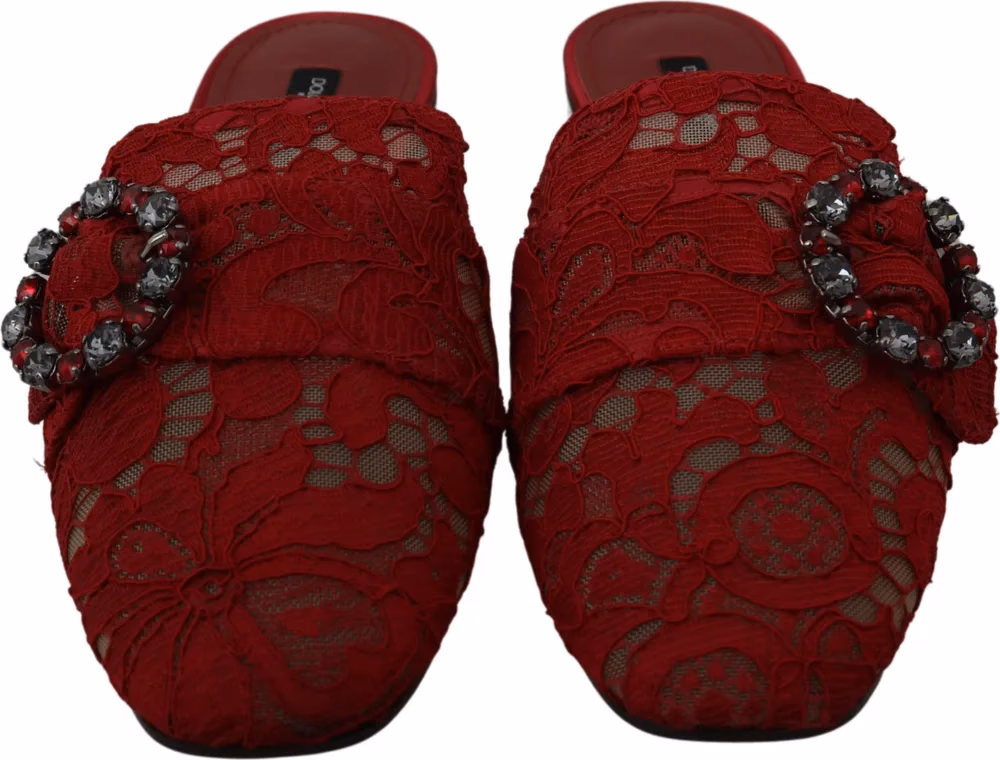 Dolce & Gabbana Red Lace Crystal Slide On Flats Shoes