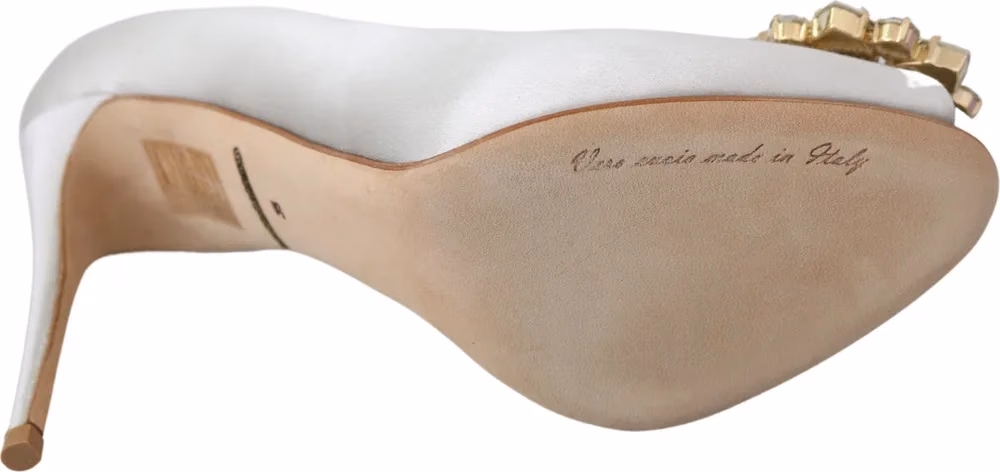 Dolce & Gabbana White Crystals Peep Toe Heels Satin Pumps Shoes