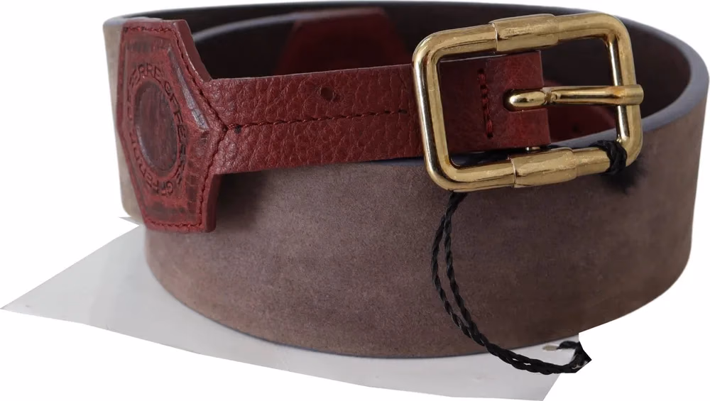GF Ferre Brown Leather Wide Gold Chrome Logo Buckle Belt