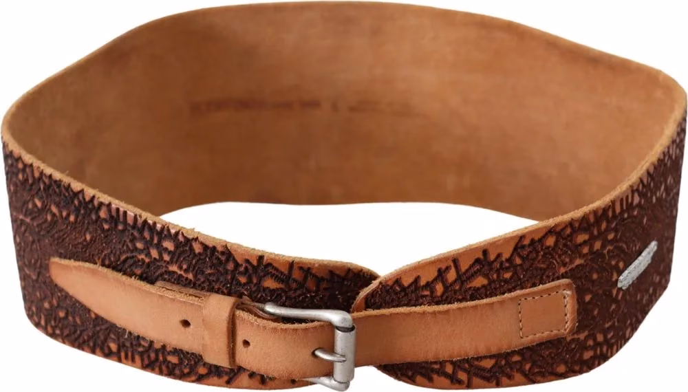 Scervino Street Brown Wide Leather Embroidered Design Logo Belt