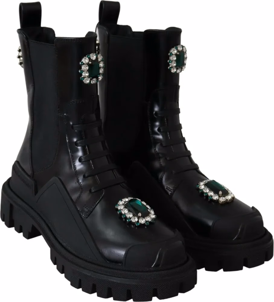 Dolce & Gabbana Black Leather Crystal Combat Boots