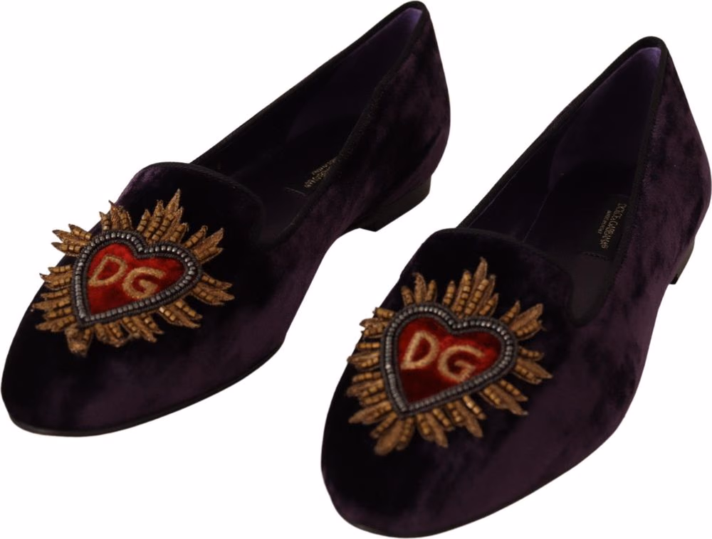 Dolce & Gabbana Purple Velvet DG Heart Loafers Flats Shoes