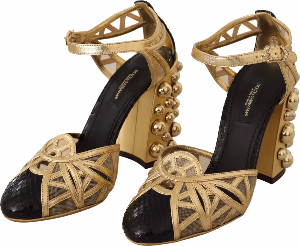 Dolce & Gabbana Black Gold Leather Studded Ankle Straps Shoes