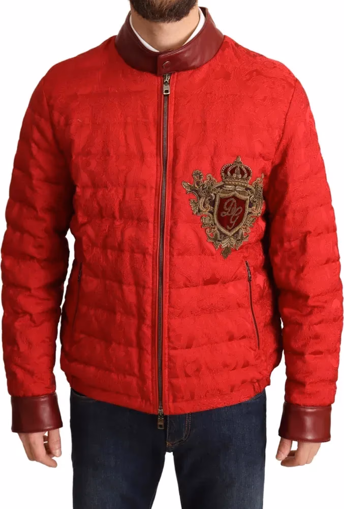 Dolce & Gabbana Red Brocade Bomber Gold Crown Logo Coat Jacket