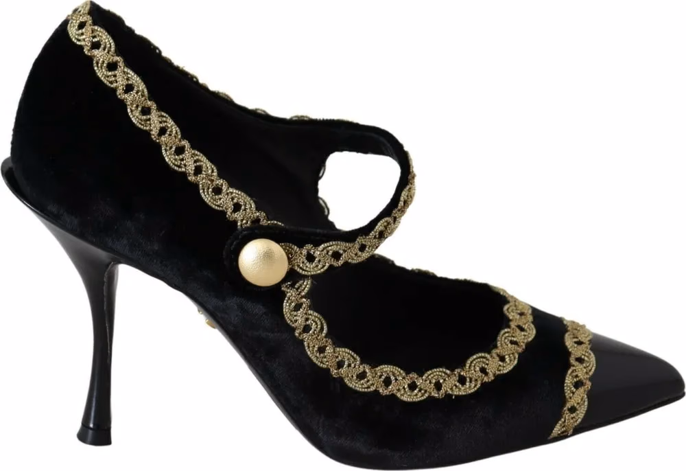 Dolce & Gabbana Black Embellished Velvet Mary Jane Pumps Shoes