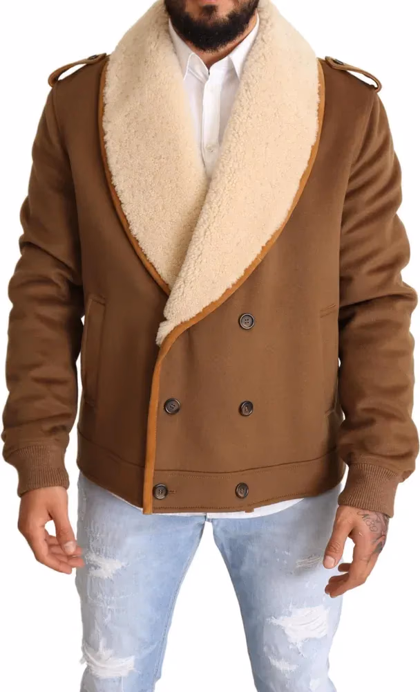 Dolce & Gabbana Brown Double Breasted Shearling Coat Jacket
