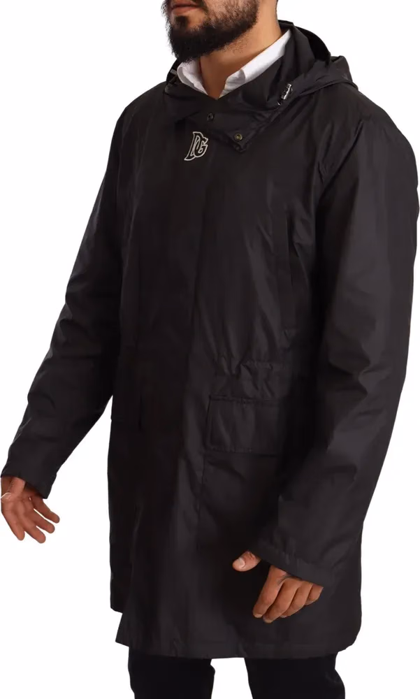 Dolce & Gabbana Black Hooded Mens Trench Coat Jacket
