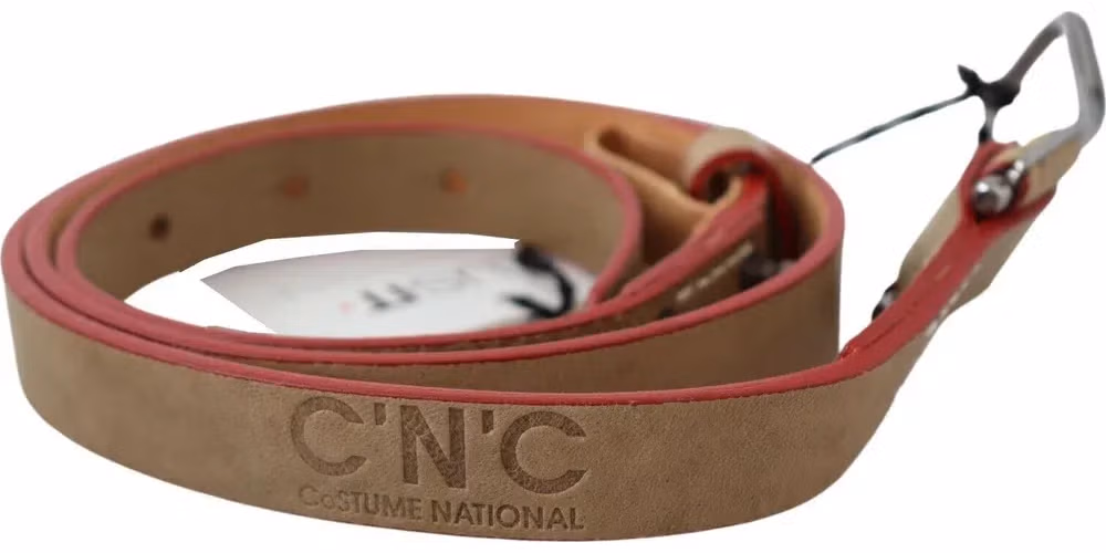 Costume National Beige Leather Silver Logo Buckle Waist Belt