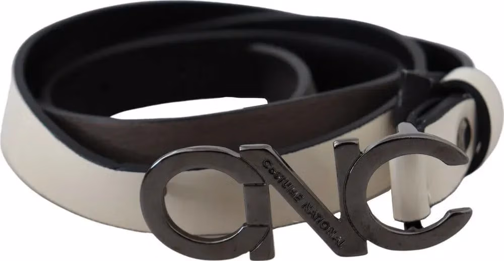 Costume National White Black Leather Letter Logo Buckle Belt