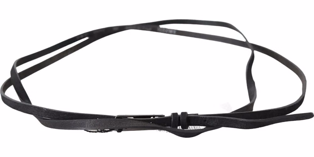 Costume National Black Leather Skinny Logo Buckle Belt