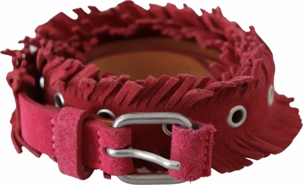 Ermanno Scervino Maroon Leather Fringes Silver Buckle Waist Belt
