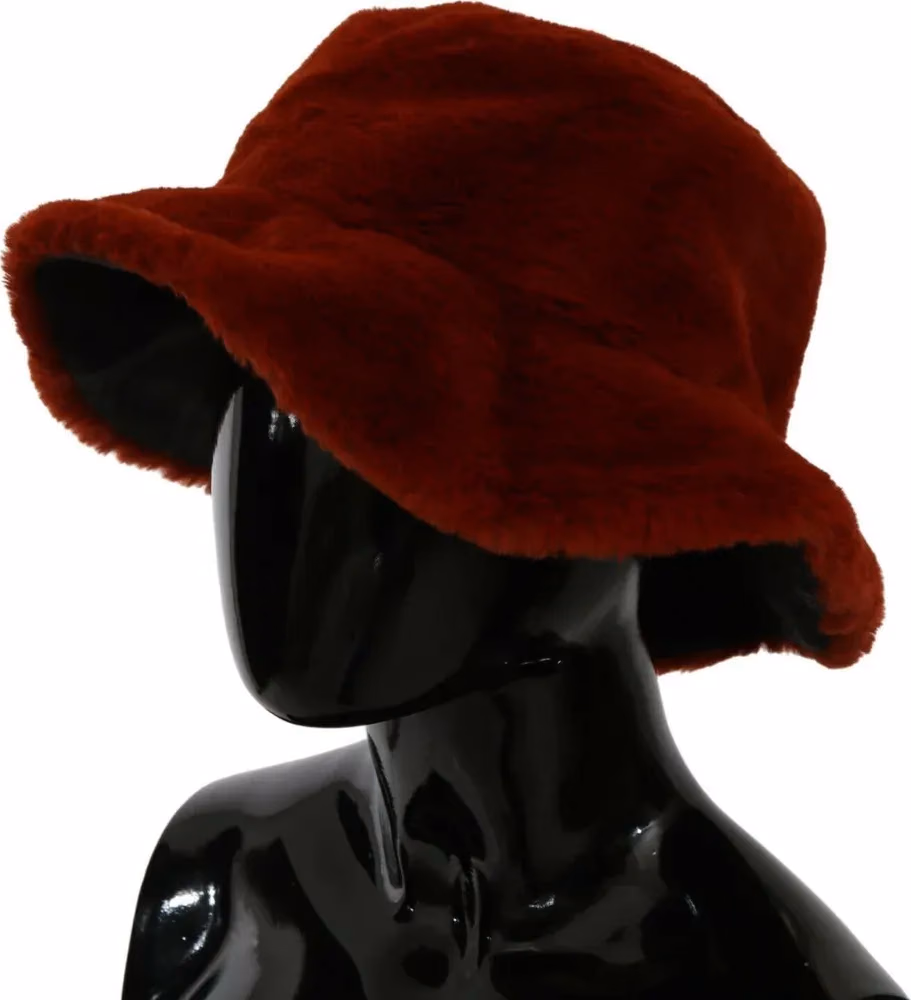 Dolce & Gabbana Red Bordeaux Fur Wide Brim Bucket  Hat