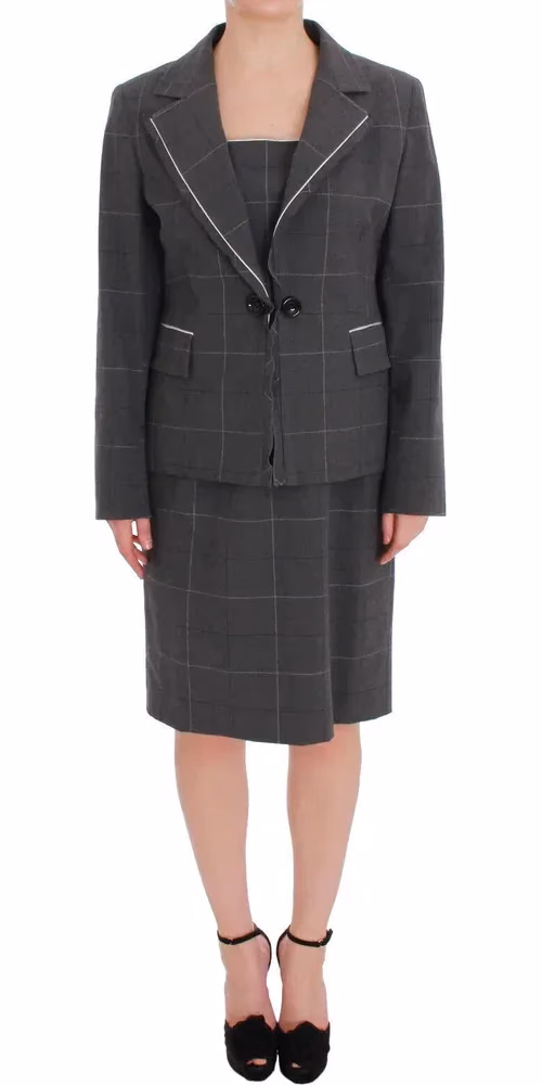 BENCIVENGA Gray Checkered Cotton Blazer Dress Set Suit