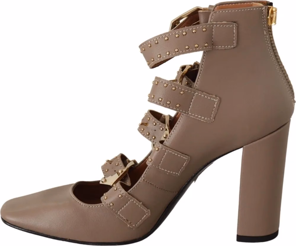 MY TWIN Brown Leather Block Heels Multi Buckle Pumps Shoes