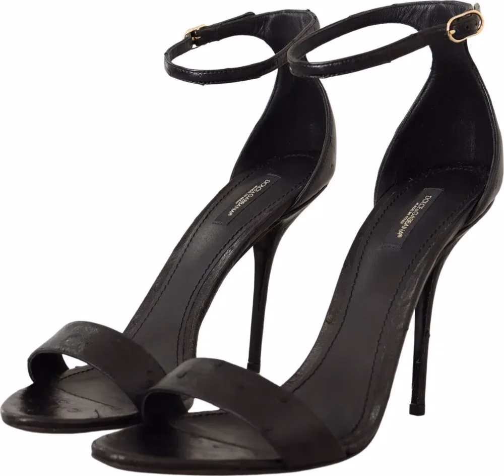 Dolce & Gabbana Black Ostrich Ankle Strap Heels Sandals Shoes