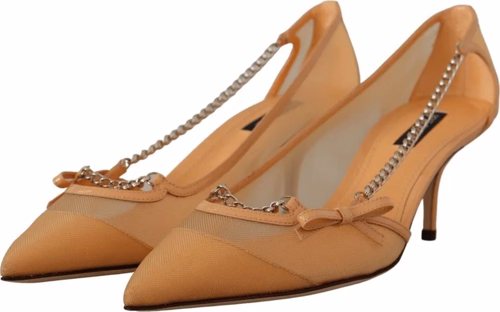 Dolce & Gabbana Peach Mesh Leather Chains Heels Pumps Shoes