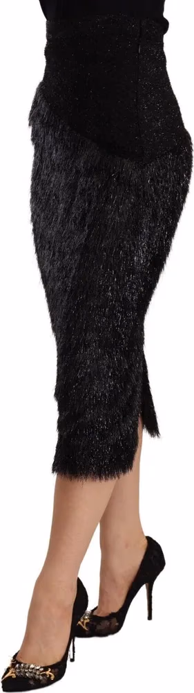 Masha Ma Black Tinsel High Waist Pencil Midi Viscose Skirt