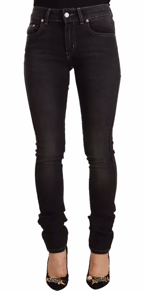 GF Ferre Black Washed Mid Waist Cotton Denim Skinny Jeans