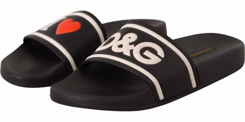 Dolce & Gabbana Black Leather I Love D&G Slides Sandals