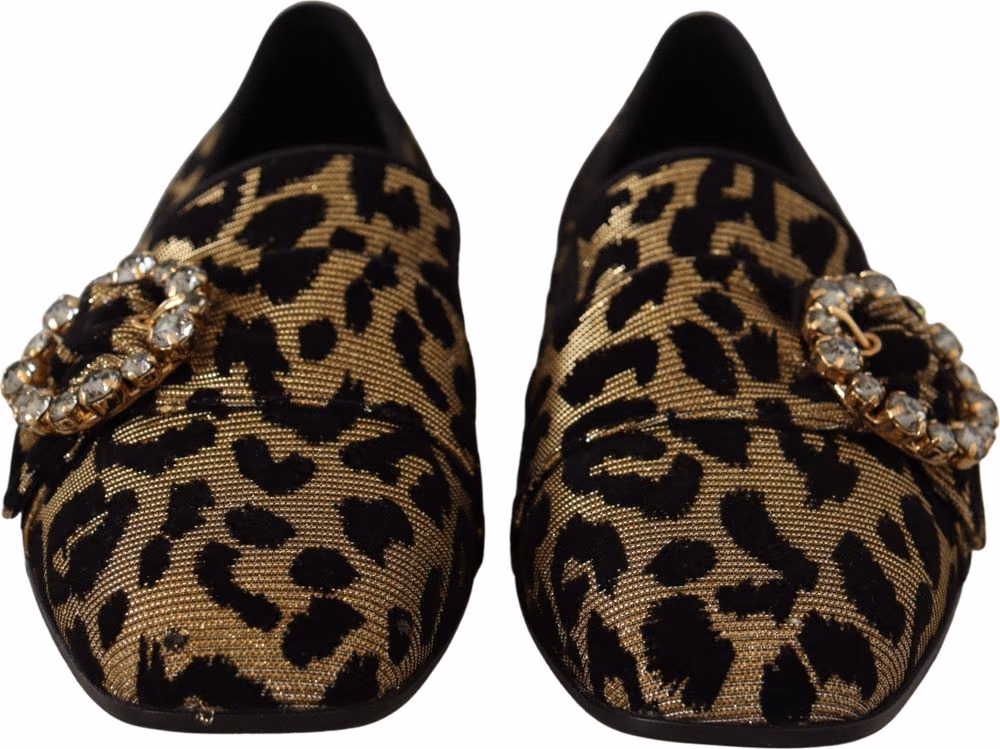 Dolce & Gabbana Gold Leopard Print Crystals Loafers Shoes