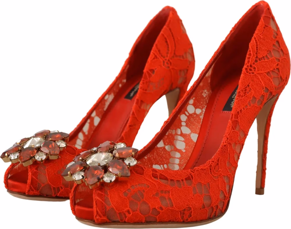 Dolce & Gabbana Red Taormina Lace Crystal Heels Pumps