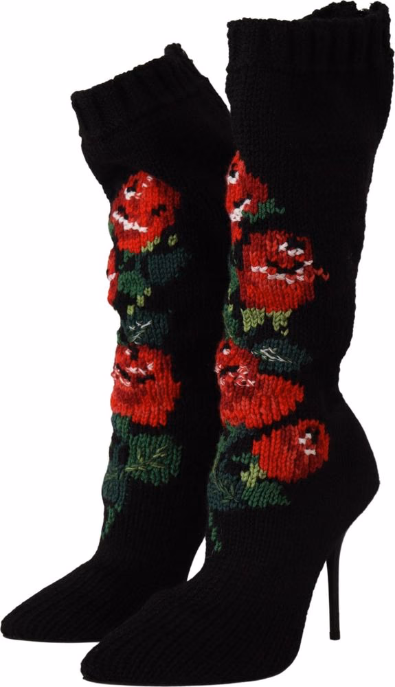 Dolce & Gabbana Black Stretch Socks Red Roses Booties Shoes