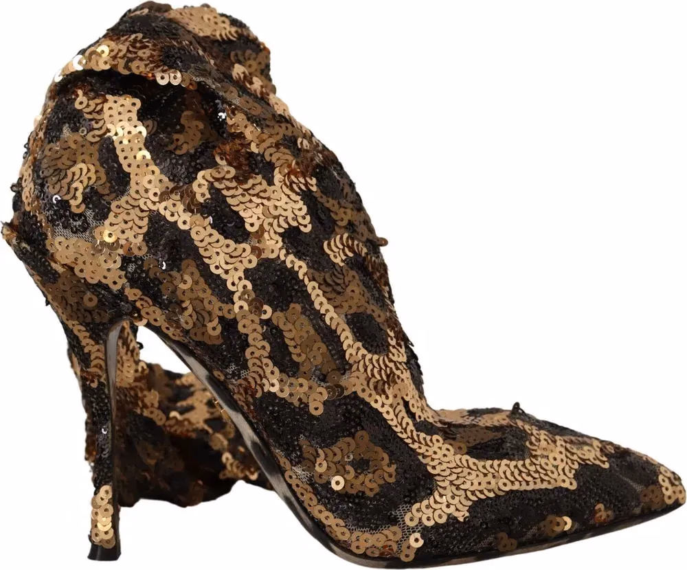 Dolce & Gabbana Gold Leopard Sequins Heels Boots Shoes