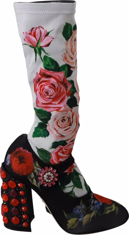 Dolce & Gabbana Black Floral Socks Crystal Jersey Boots Shoes