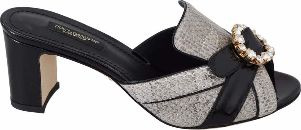 Dolce & Gabbana Black Gray Exotic Leather Crystals Sandals Shoes