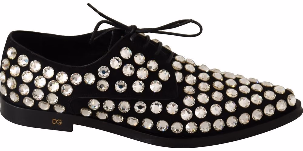 Dolce & Gabbana Black Leather Crystals Lace Up Formal Shoes
