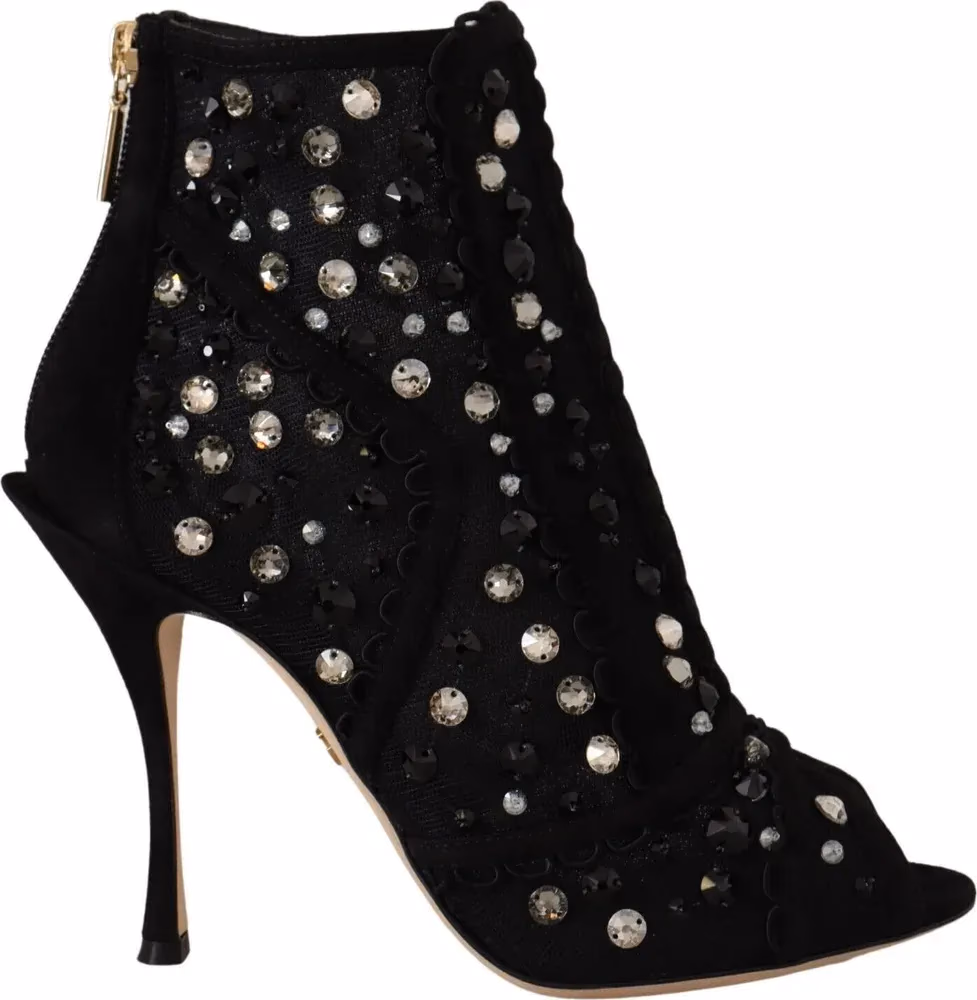 Dolce & Gabbana Black Crystals Heels Zipper Short Boots Shoes