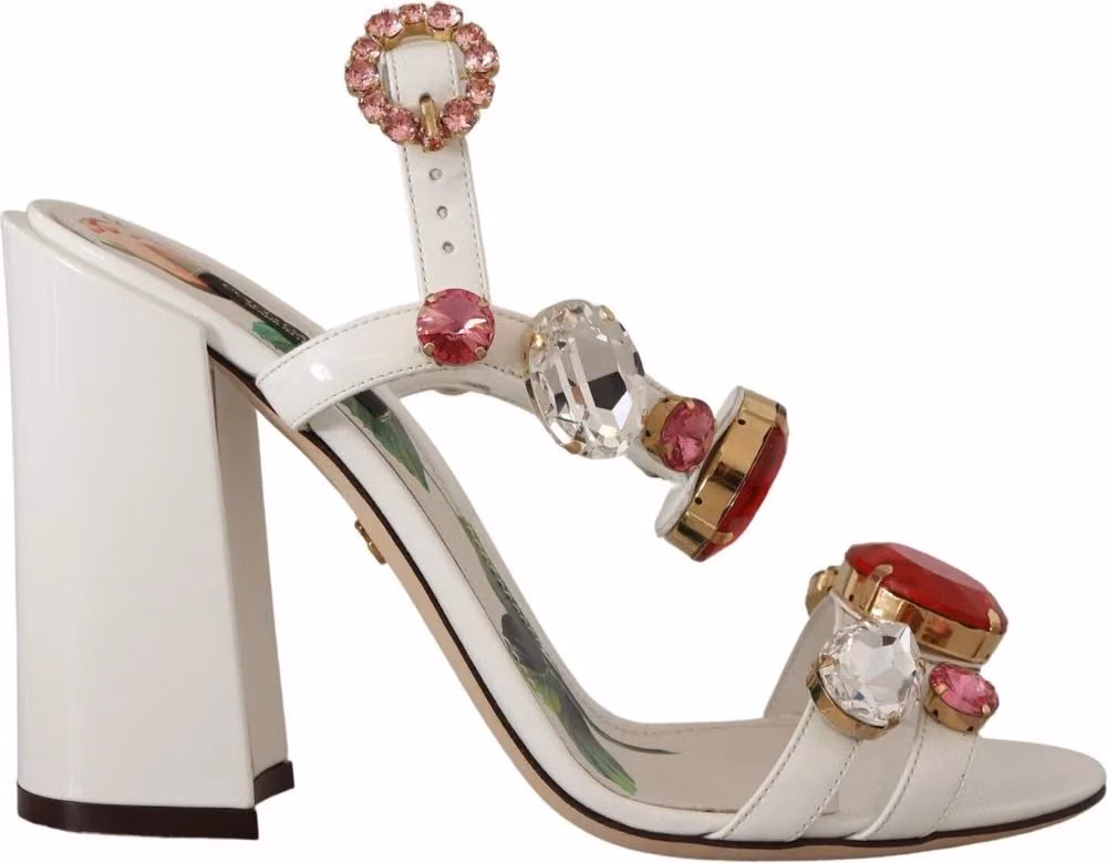 Dolce & Gabbana White Leather Crystal Keira Heels Sandals Shoes