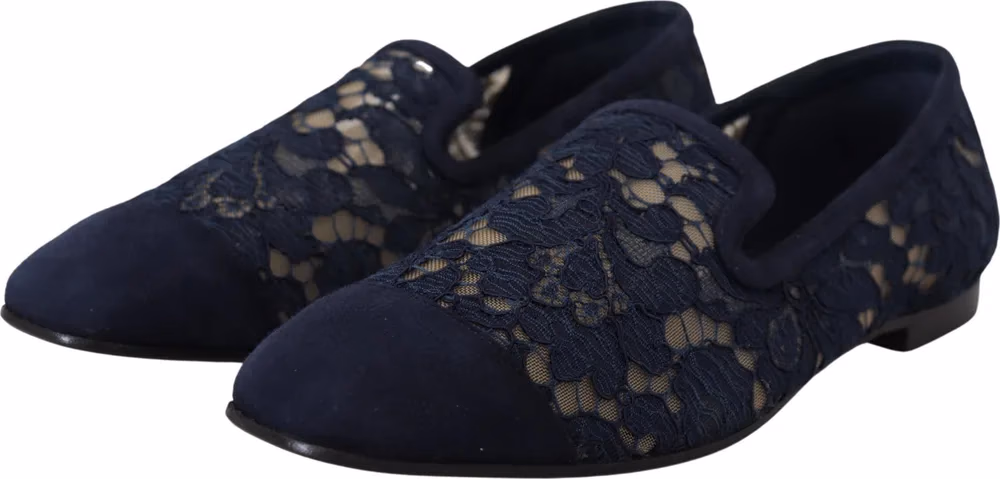 Dolce & Gabbana Blue Floral Lace Slip Ons Loafers Flats Shoes