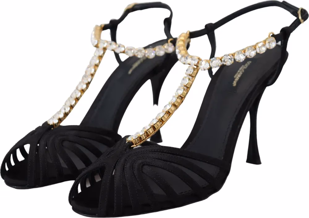 Dolce & Gabbana Black Satin Clear Crystal T-strap Sandal Shoes