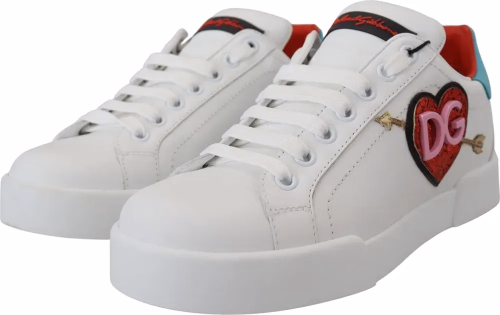 Dolce & Gabbana White Leather Sneaker Portofino Logo Heart Shoes