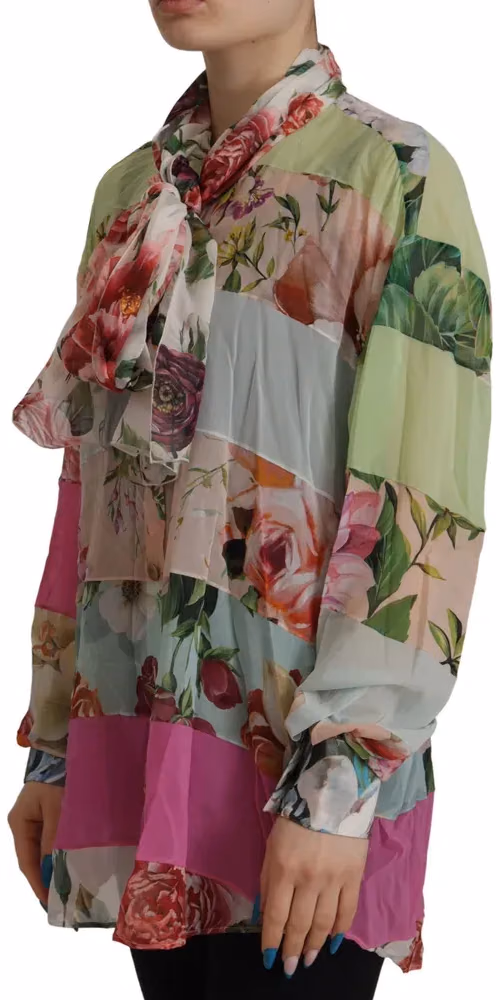Dolce & Gabbana Multicolor  Floral Patchwork Design Ascot Collar Top Blouse